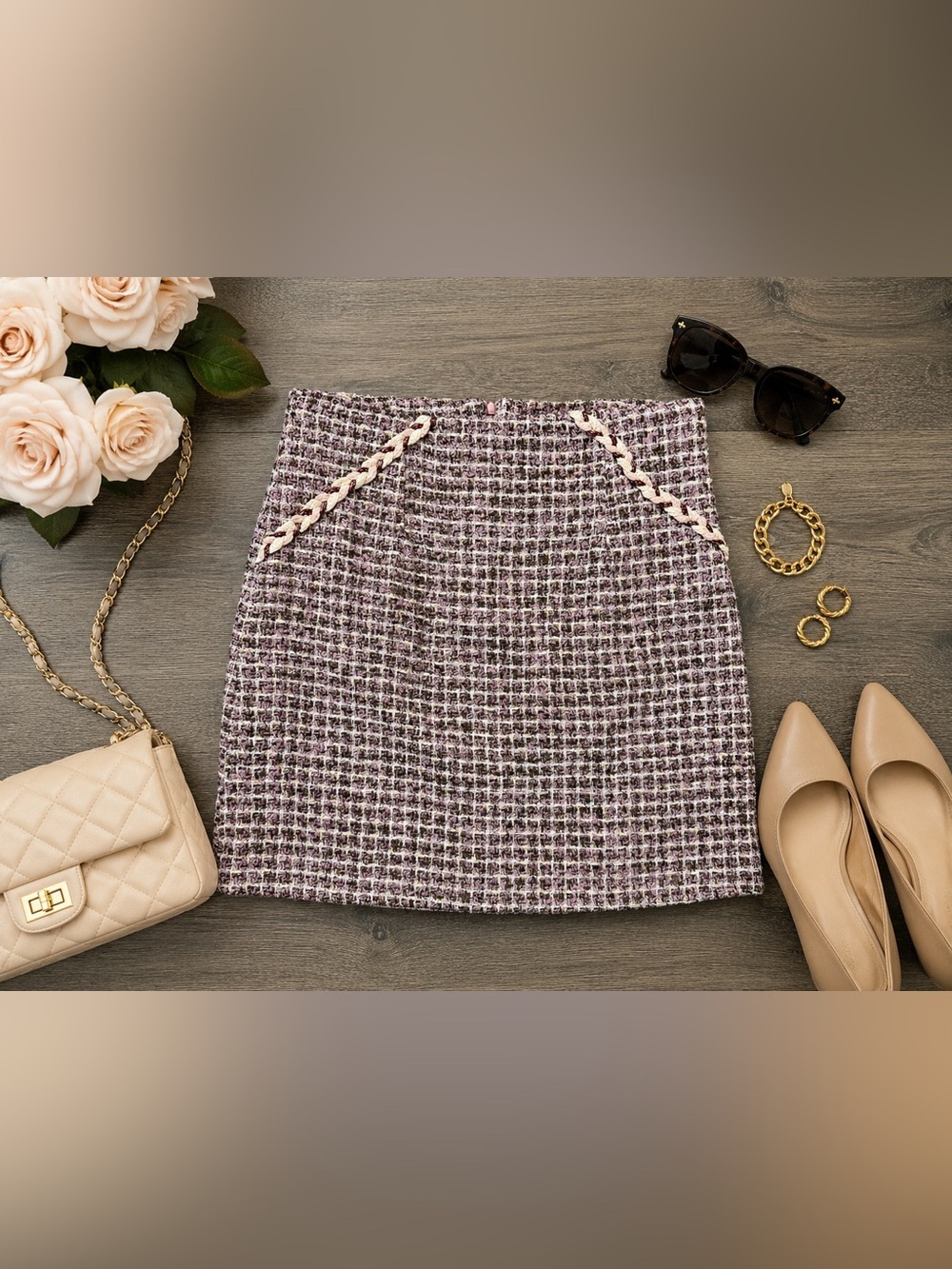 Tweed Mini Skirt with Pink Trim - Women's Skirt 16” flat lay waist